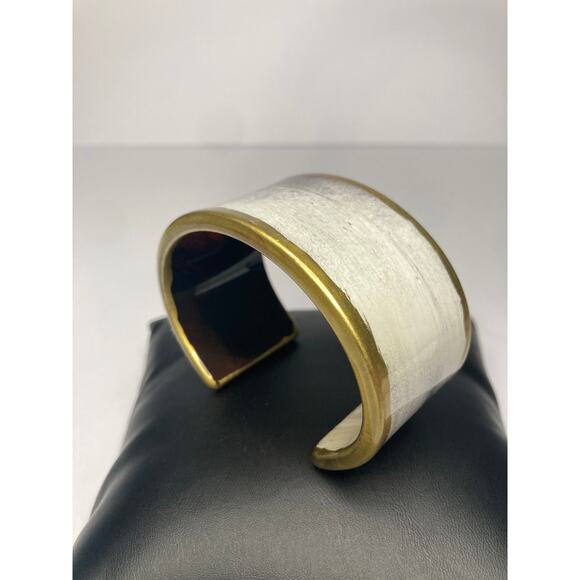 Cuff Bracelet Black Brown White Finish Antique Gold Tone Trim Statement Jewelry - Picture 3 of 8